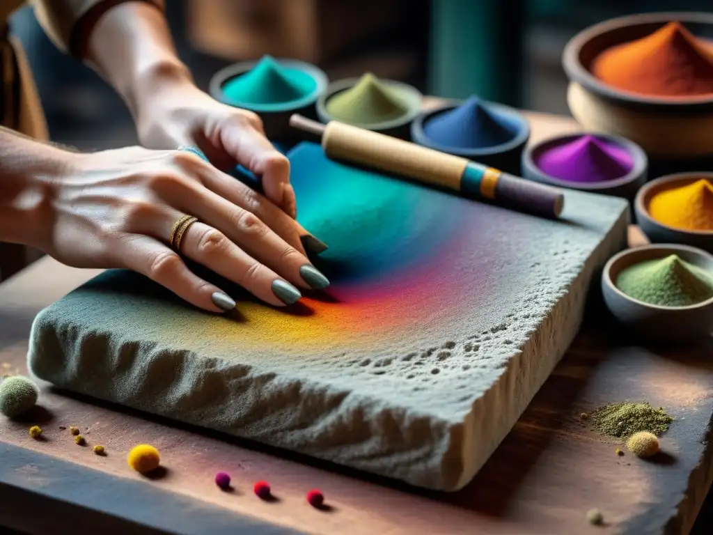 Mano de artista preparando pigmentos Renacimiento en piedra texturizada, destaca colores vibrantes