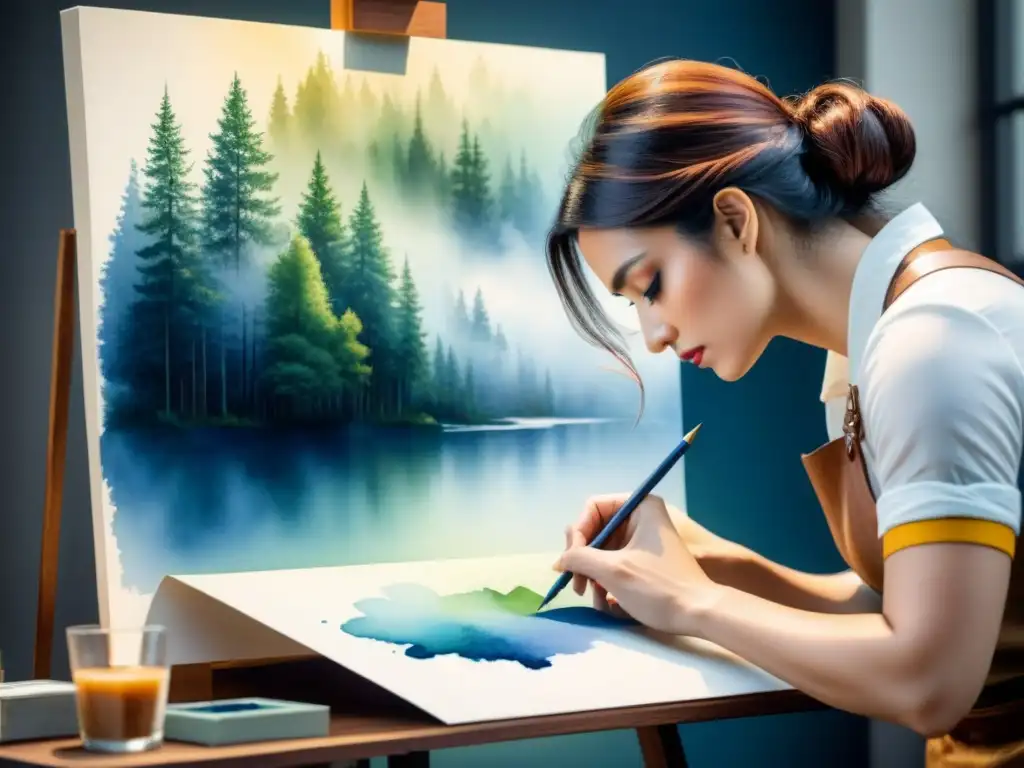 Mano de artista creando un retrato detallado en acuarela, reflejando concentración y creatividad en el desarrollo estilo artístico único