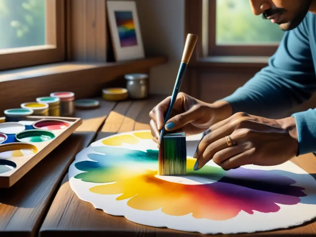 Mano de artista mezclando témperas en paleta, con luz natural y sombras suaves