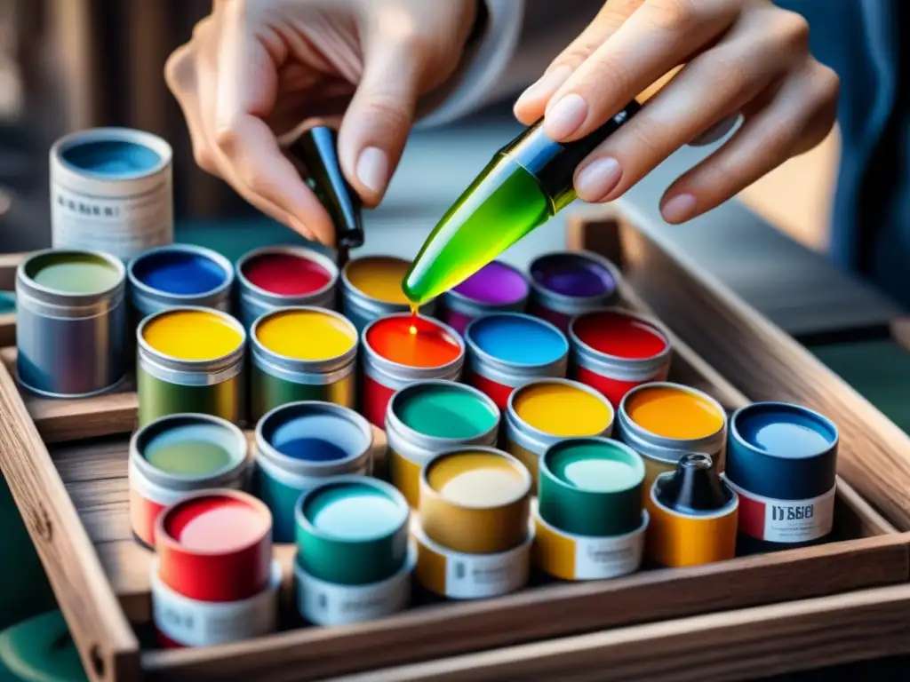 Una mano de artista selecciona tubos de pintura óleo en paleta de madera rústica, capturando la esencia de la inspiración artística