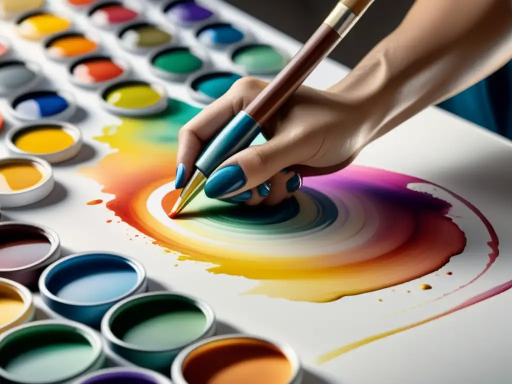 La mano de un artista mezclando delicadamente vibrantes acuarelas en una paleta blanca, creando combinaciones de colores geniales