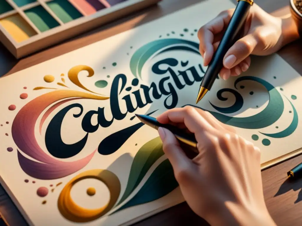 Un mano experta crea letras elegantes con una pluma de caligrafía sobre papel acuarela, en una escena armoniosa de técnicas de caligrafía y lettering