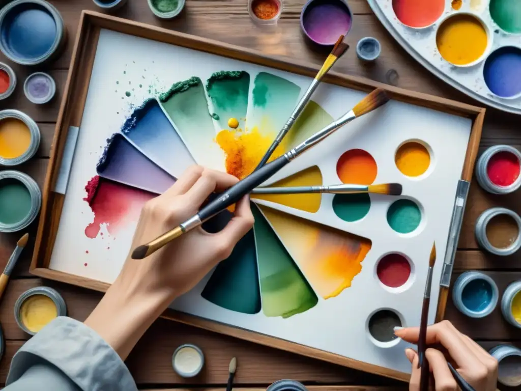 Mano de pintor sostiene paleta con vibrantes colores al óleo en mesa de madera