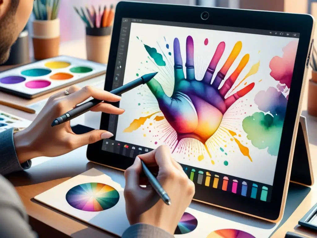 Manos creando arte digital y tradicional con delicadeza, mezclando colores y formas en una tableta de última generación