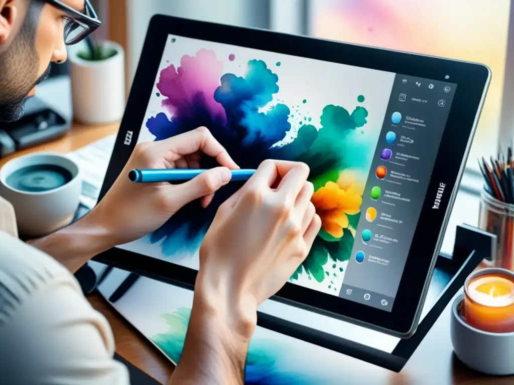 Manos de artista crean arte digital en línea con delicadeza y colorido en tableta gráfica