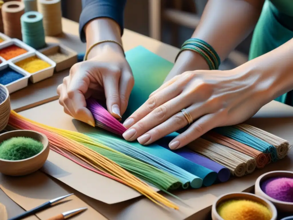 Manos de artista creando arte reciclado con materiales reutilizados en una obra detallada y colorida