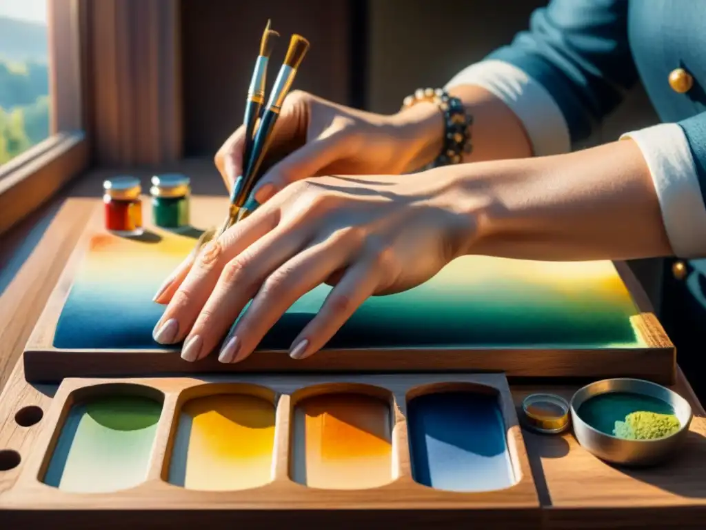 Manos de artista mezclando colores de óleo en paleta de madera, con luz solar destacando detalles