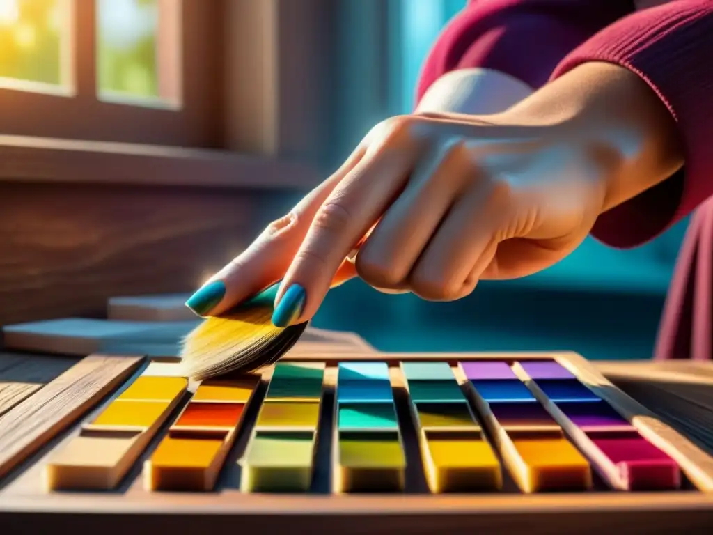 Manos de artista mezclando colores vibrantes en paleta de madera, creando una escena serena