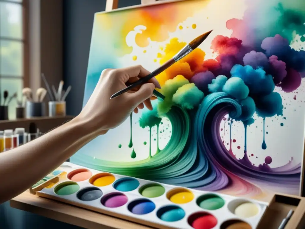 Manos de artista mezclando colores vibrantes en paleta