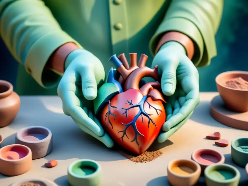 Manos de artista moldeando un corazón de arcilla, transmitiendo sentimientos en escultura de arte visual