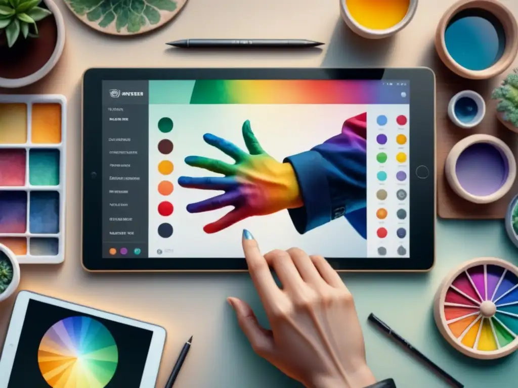 Manos de artista crean ilustración detallada en tablet, rodeadas de arte digital en galería virtual