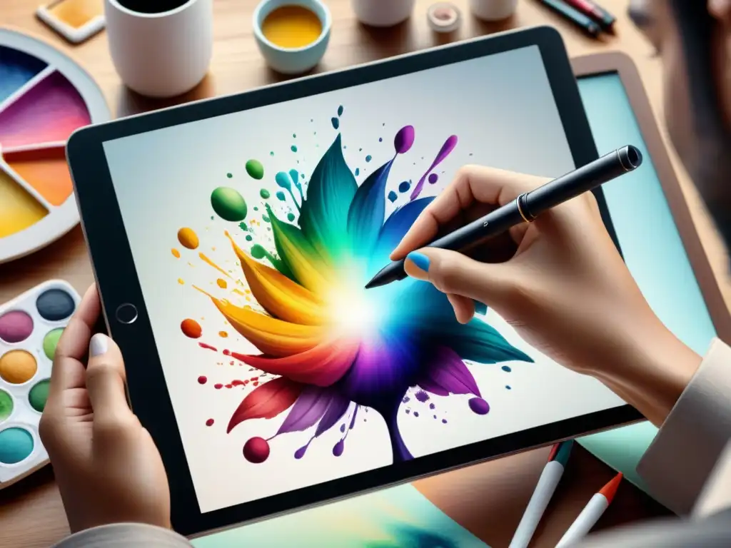 Manos de artista digital creando arte vibrante en tablet, rodeadas de creatividad