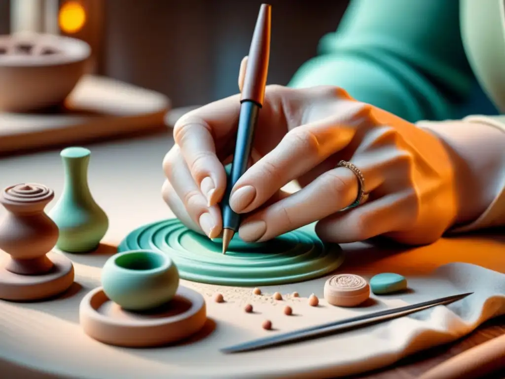 Manos de artista moldeando minuciosa figura de arcilla, mostrando técnica de escultura en arcilla polimérica con destreza y concentración