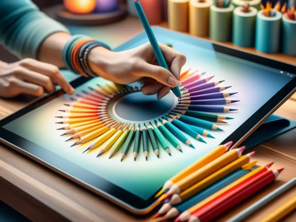 Manos de artista moldeando modelo 3D en tablet, rodeadas de caos creativo