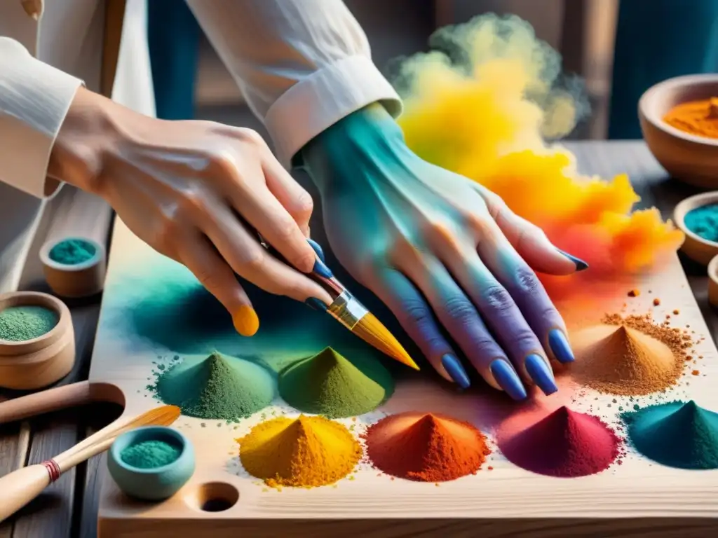 Manos de artista mezclando pigmentos vibrantes en paleta de madera, reflejando proceso creativo obra témpera