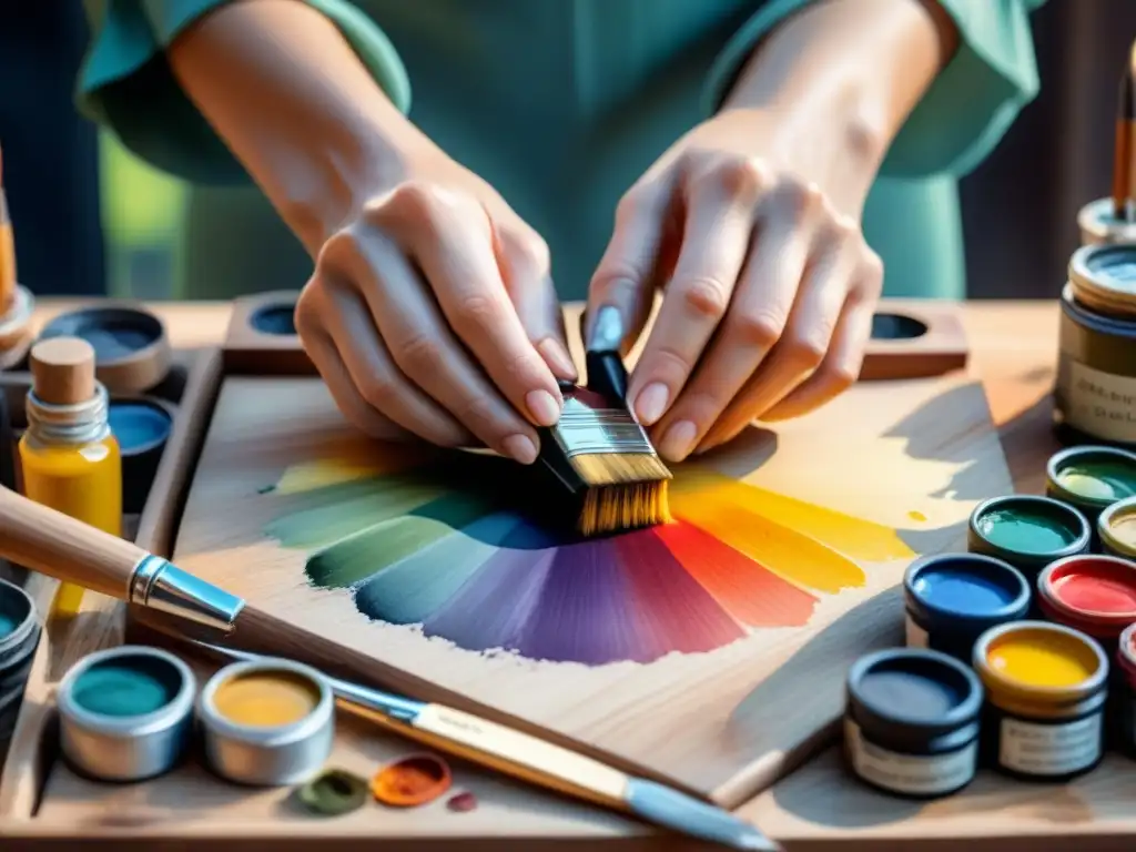 Manos de artista mezclando pintura al óleo en paleta de madera, rodeadas de herramientas y lienzo