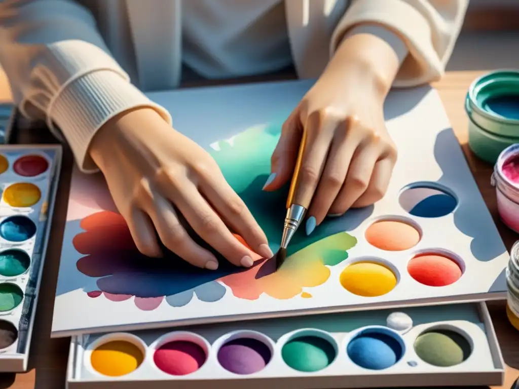 Manos de estudiante creando arte en lienzo con paletas de colores