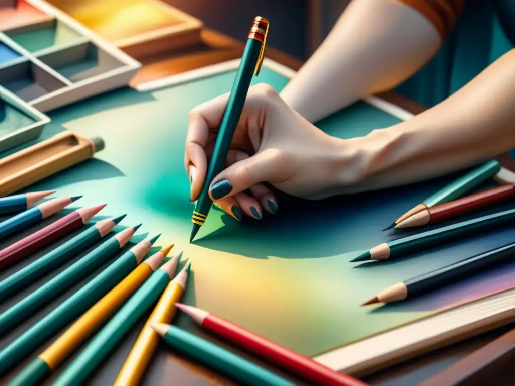 Manos expertas en arte visual sostienen herramientas: lápices, pinceles y más