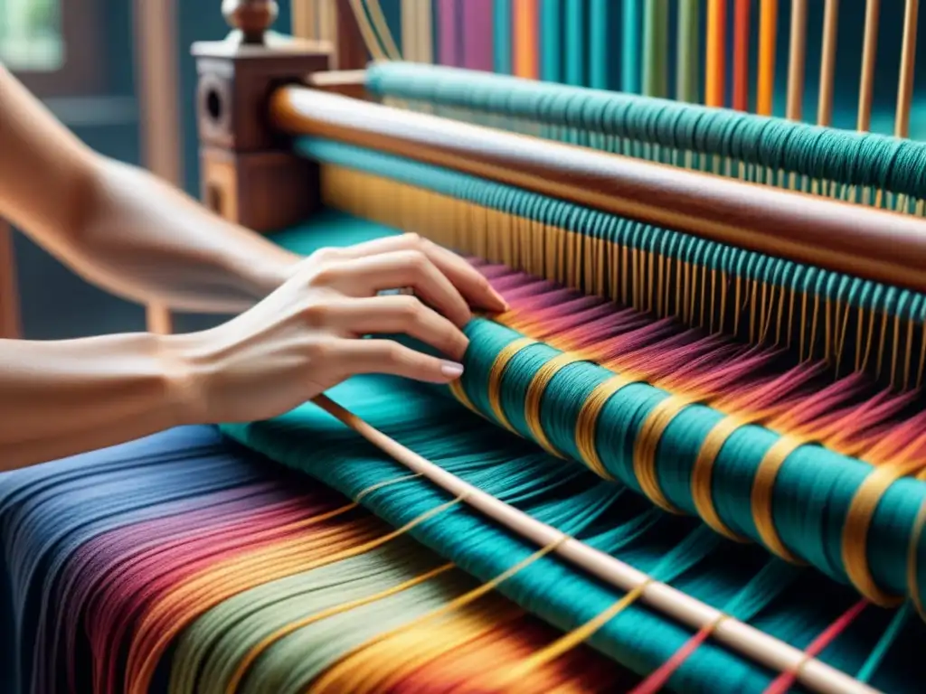 Manos hábiles tejen patrones vibrantes en una obra de arte textil