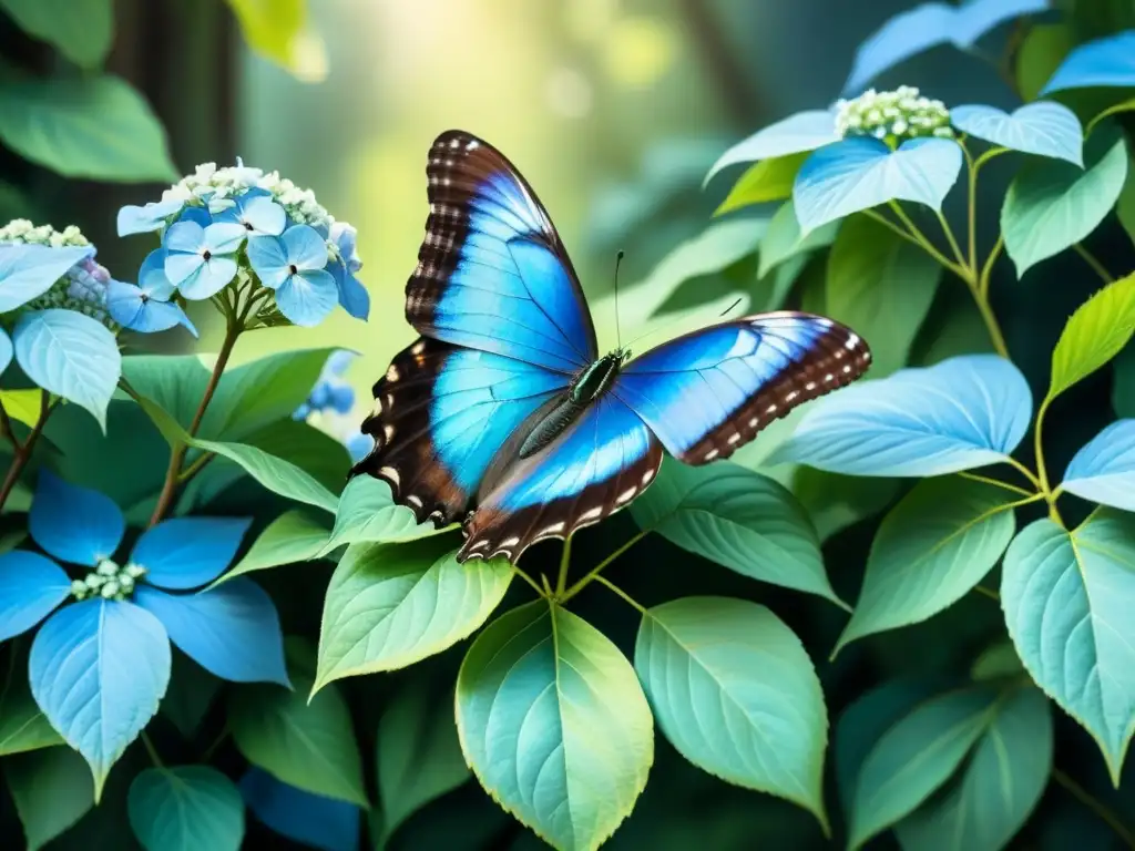 Mariposa azul en arte: Detalles de una mariposa azul posada en un arbusto floreciente, con tonos azules y verdes