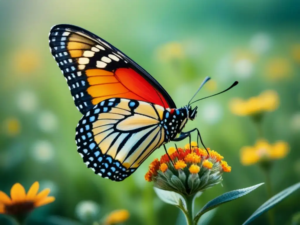 Una mariposa delicada posada en un ramo de flores silvestres vibrantes, en una acuarela detallada