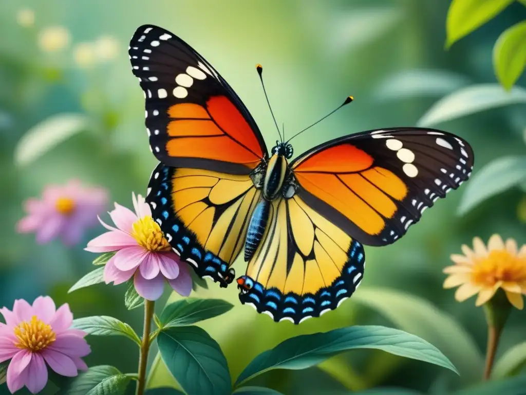 Una mariposa vibrante reposa en una flor colorida bajo la luz del sol