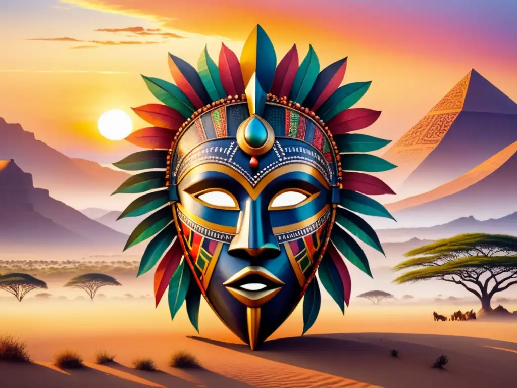 Una máscara tribal africana vibrante con influencia escultura tribal Picasso cubismo, adornada con cuentas coloridas, sobre un atardecer en la sabana