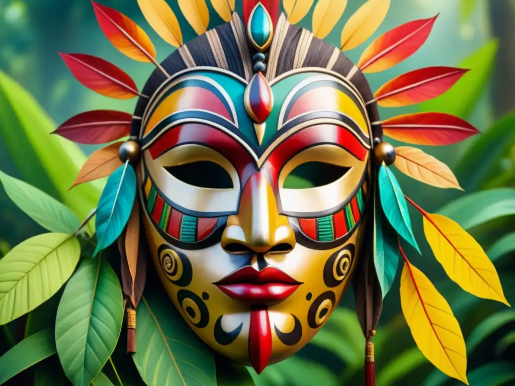 Una máscara tribal indígena detallada en una pintura acuarela, resaltando el arte indígena y tribal cultural en la exuberante selva verde