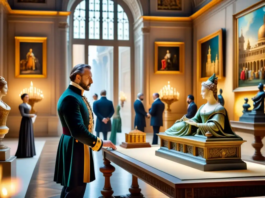 Un mecenazgo de arte manierista: un patrón elegante inspeccionando una escultura, rodeado de obras y artistas bajo la luz de las velas