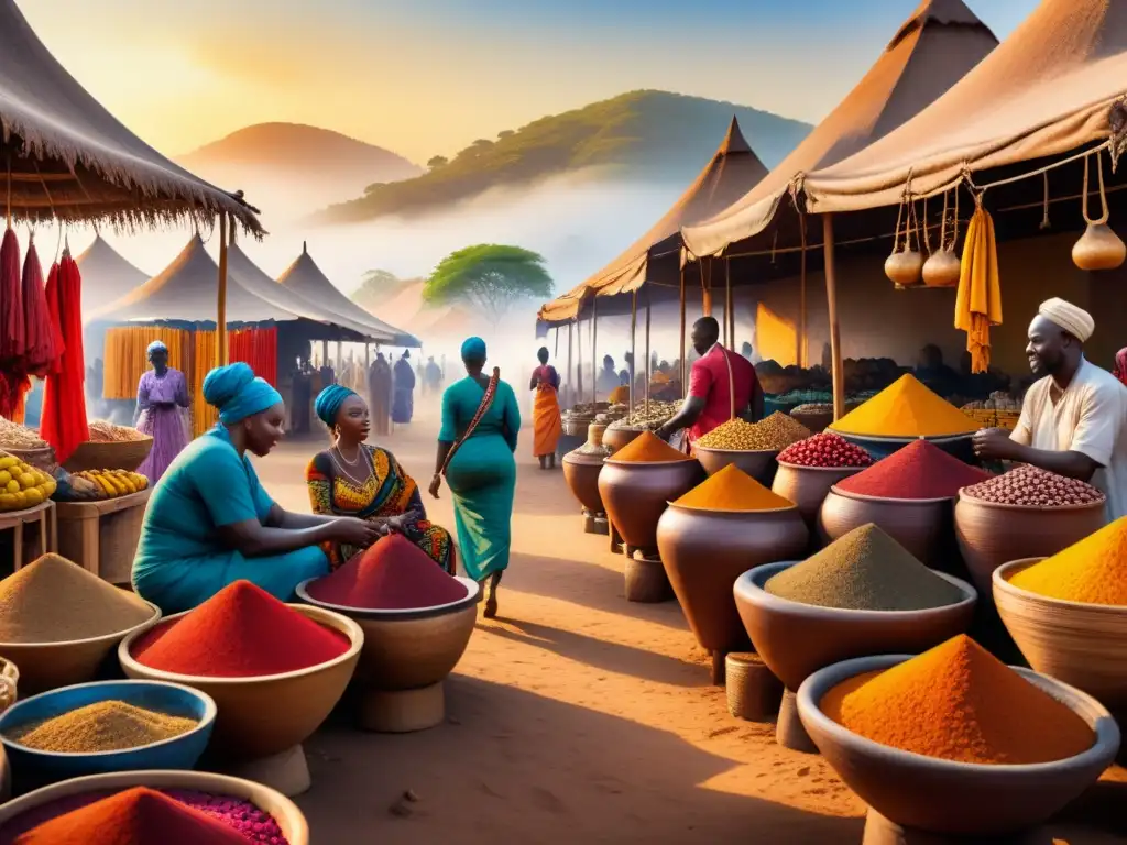 Un mercado africano vibrante, lleno de color y simbolismo en la paleta de artistas africanos