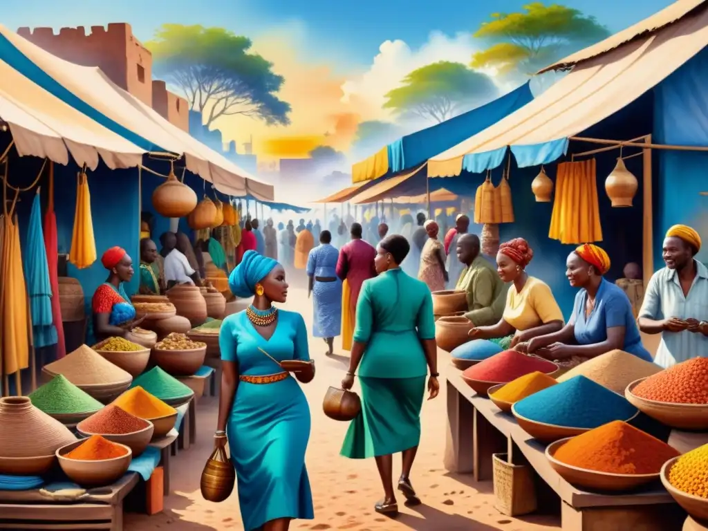 Un mercado africano vibrante lleno de vida y color, donde artistas africanos exhiben su arte global