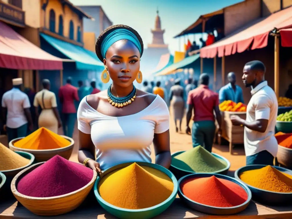 Un mercado africano vibrante lleno de coloridas paradas, gente diversa y arte tradicional africano