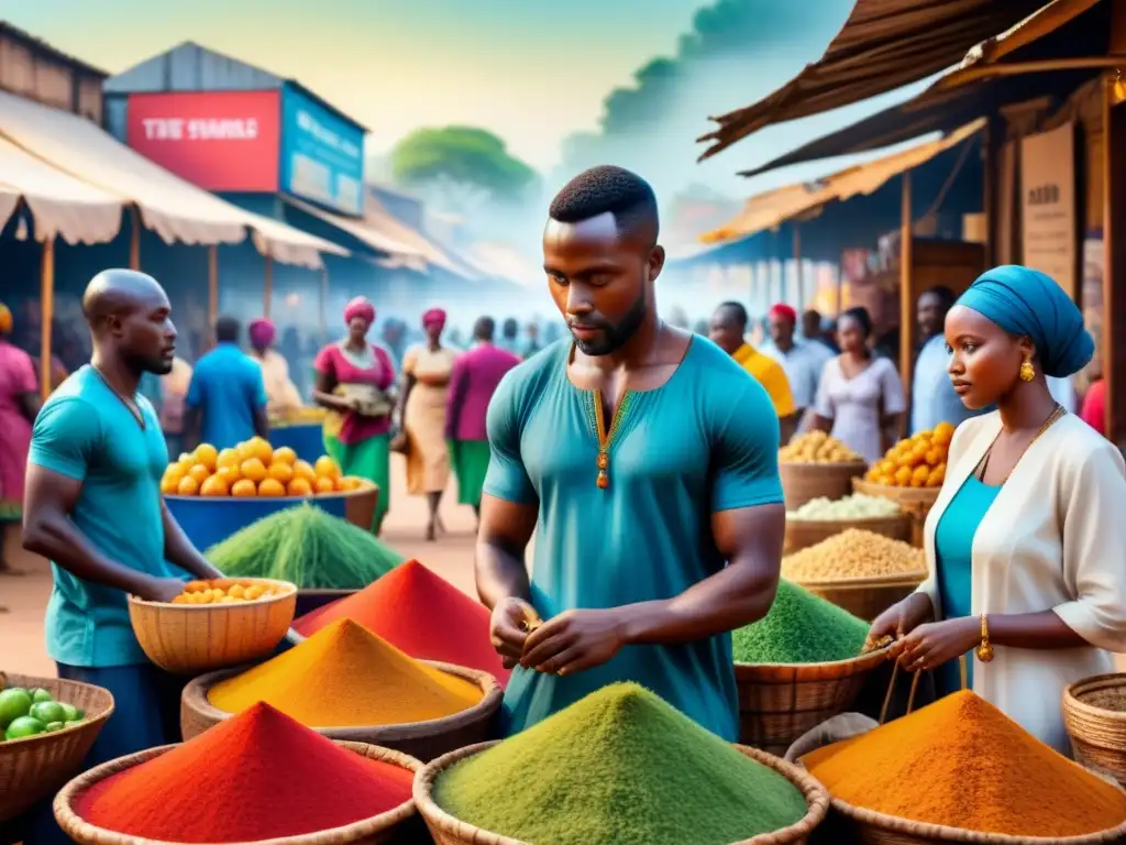 Un mercado africano vibrante lleno de color y vida, reflejando la esperanza y la cultura en una pintura detallada de arte africano contemporáneo