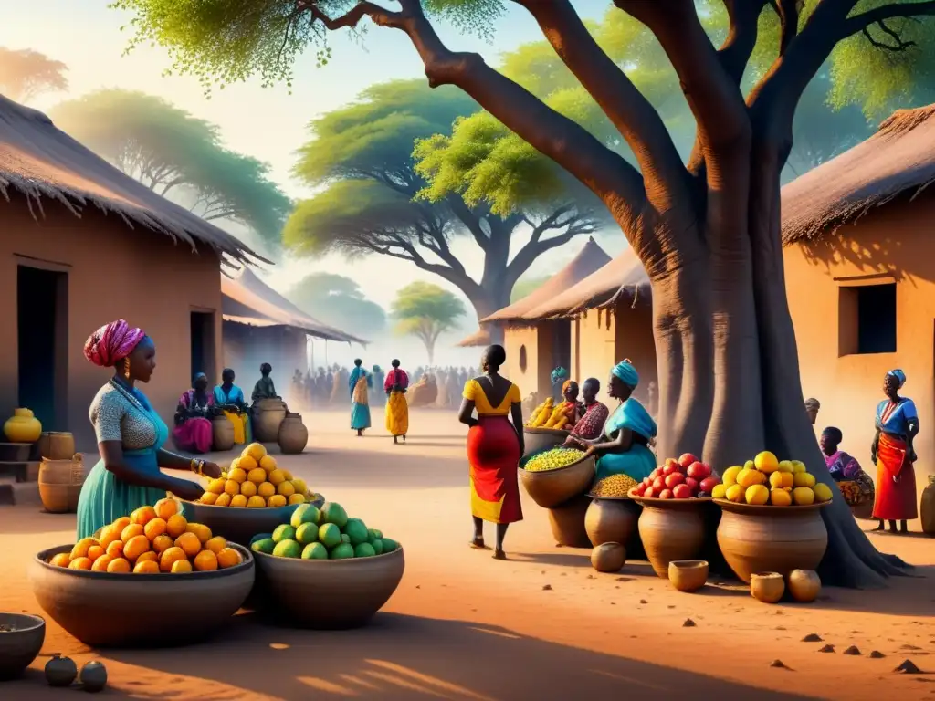 Un mercado africano vibrante: mujeres vendiendo frutas, hombres tocando tambores y niños jugando bajo un baobab al atardecer