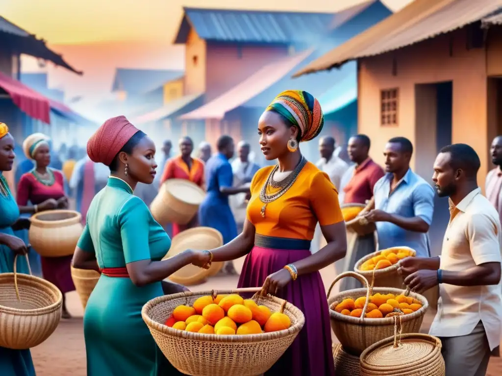 Un mercado africano vibrante con mujeres vendiendo cestas y textiles, hombres tocando tambores y niños jugando