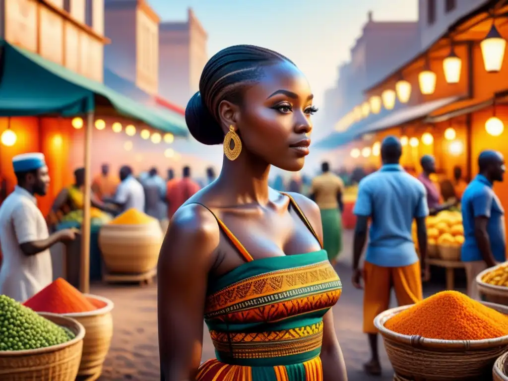 Un mercado africano vibrante con tendencias arte visual africano en acuarela detallada, colores vibrantes y cálida atmósfera comunitaria