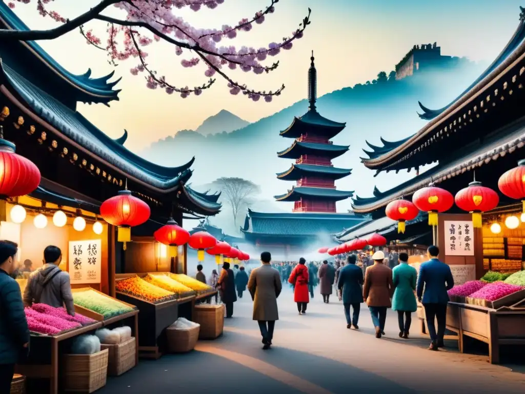 Mercado de arte asiático vibrante con artistas emergentes y perfiles curiosos bajo un árbol de cerezos y una pagoda majestuosa