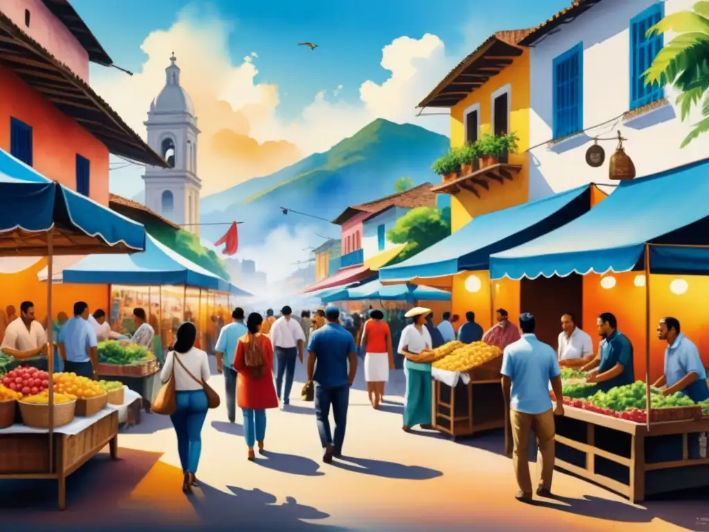 Un mercado de arte latinoamericano vibrante y colorido bajo el cielo azul, reflejando la energía y diversidad cultural