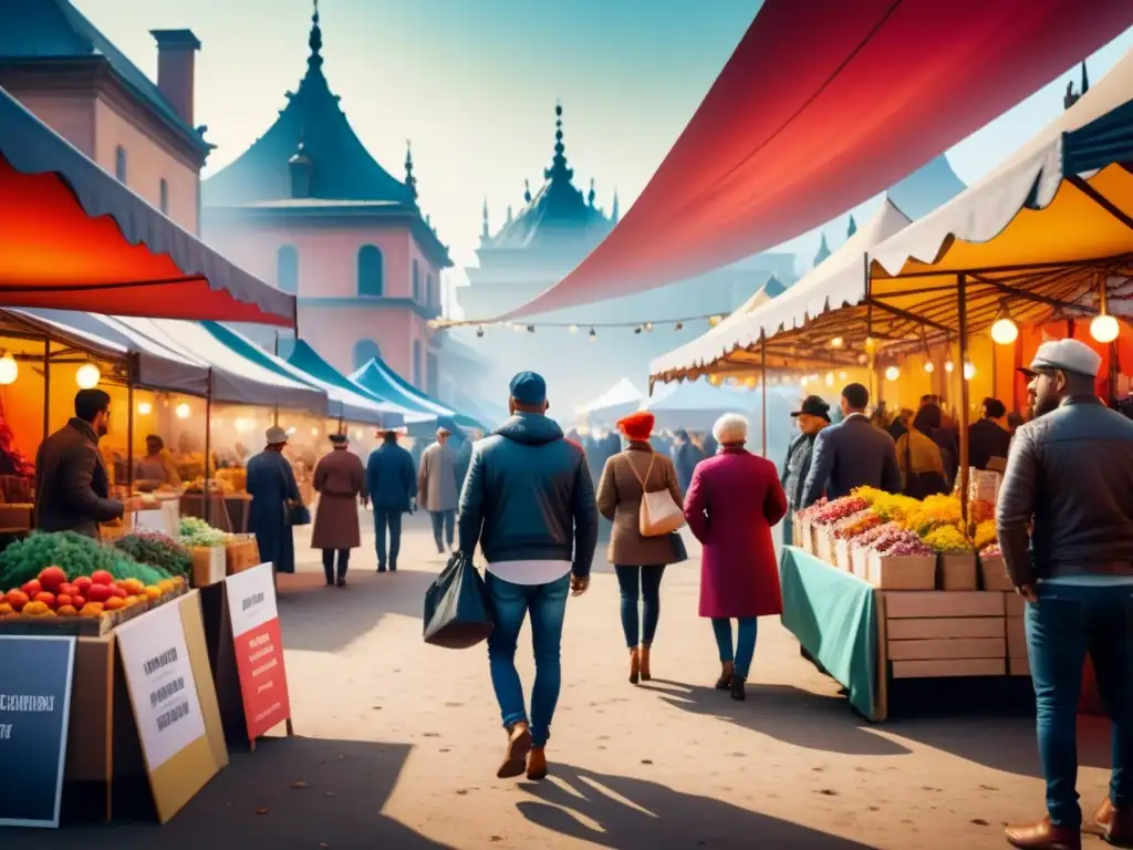 Mercado de arte vibrante, artistas diversxs muestran sus creaciones bajo coloridos toldos