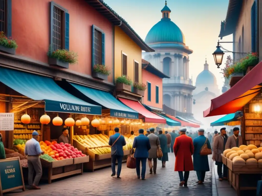 Mercado de arte vibrante en una ciudad cultural, con gente diversa admirando obras, rodeados de edificios históricos y arte callejero colorido