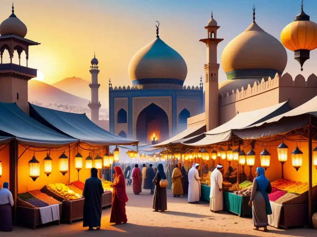 Un mercado bullicioso en Oriente Medio, con colores vibrantes y arquitectura ornamental, reflejado en un arte contemporáneo Medio Oriente