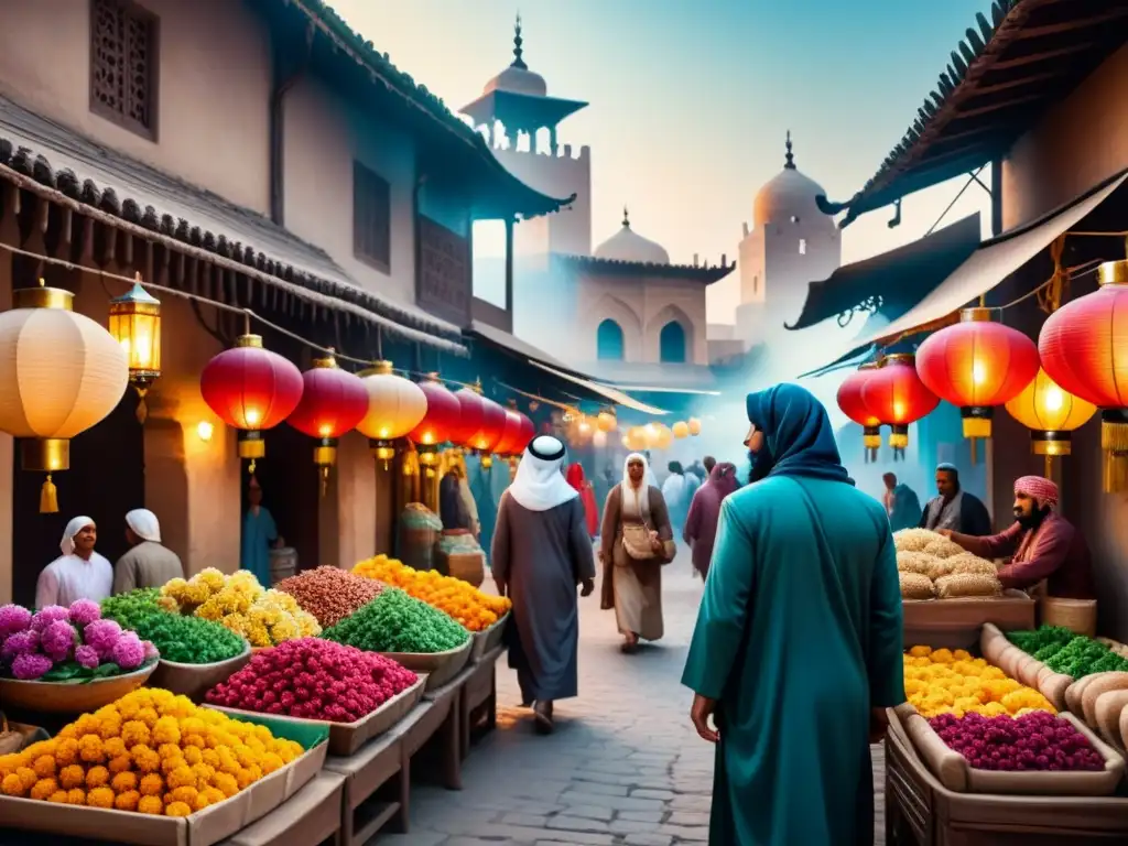 Un mercado bullicioso en Medio Oriente: colores vibrantes, arquitectura detallada y vida cotidiana