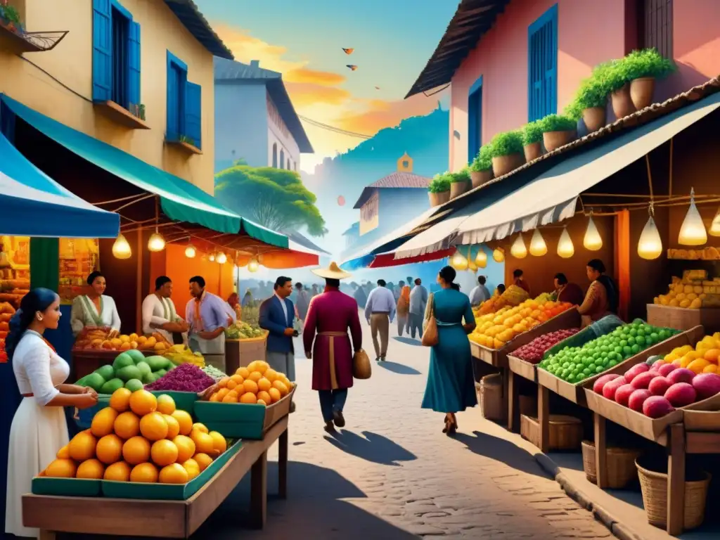 Un mercado callejero latinoamericano vibrante y colorido al atardecer, con una mezcla de tradición y modernidad