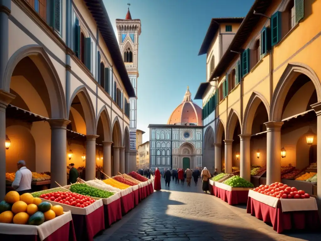 Mercado florentino del Renacimiento con arte visual en Florencia: puestos coloridos y gente animada bajo el cálido sol