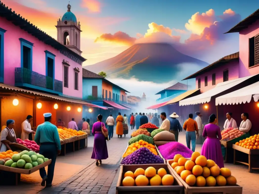 Mercado latinoamericano: pintura acuarela vibrante Un mercado latinoamericano bullicioso y colorido con puestos de artesanías y frutas, rodeado de arquitectura colonial