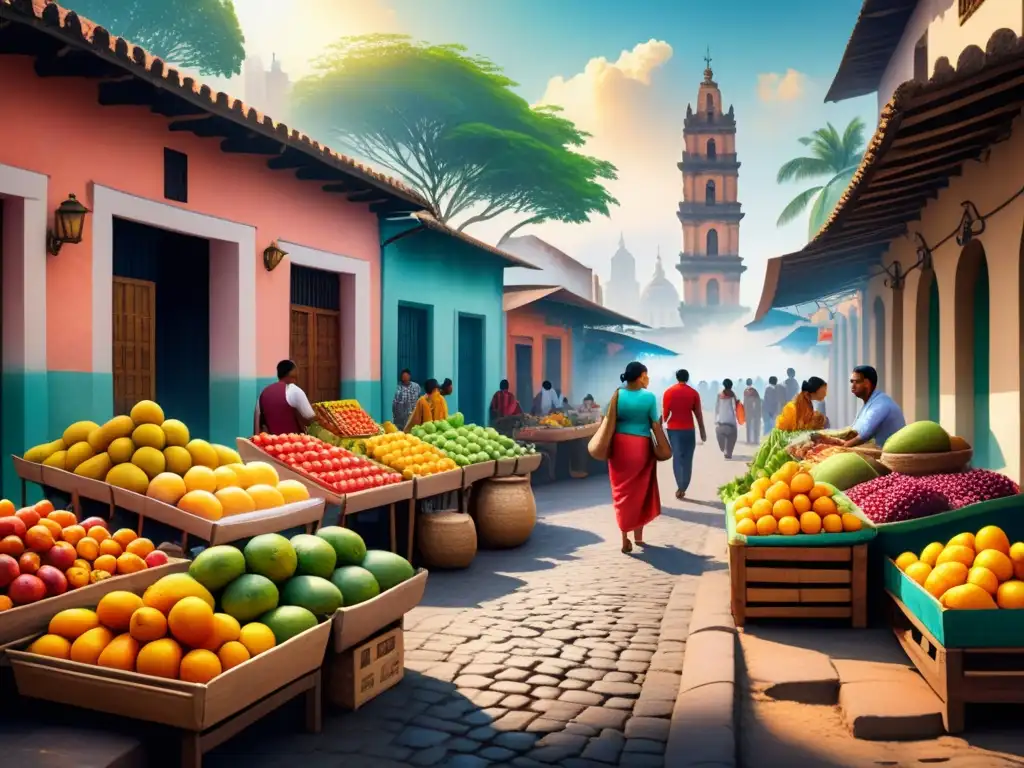 Un mercado latinoamericano bullicioso con frutas exóticas, artesanías y arquitectura diversa