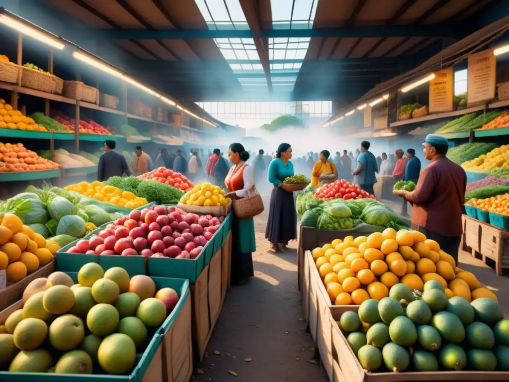 Un mercado latinoamericano bullicioso con frutas, textiles coloridos y un toque de realismo mágico en mariposas y figura misteriosa