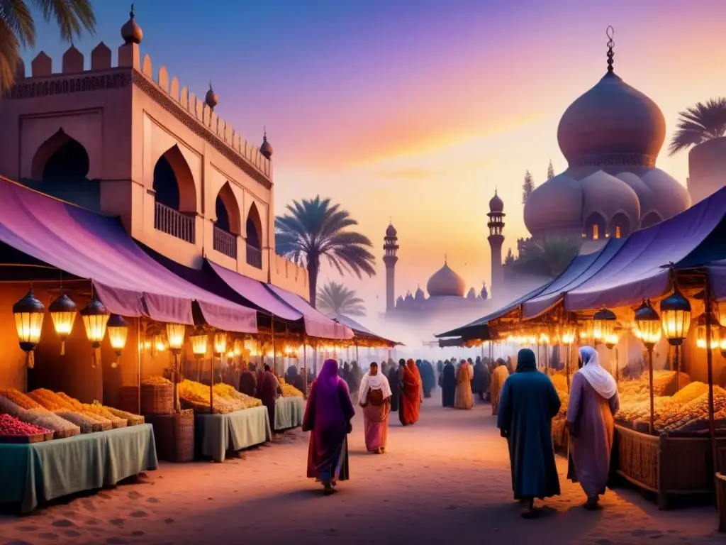 Un mercado del Medio Oriente al atardecer, con puestos de colores bajo la luz de faroles y arquitectura detallada