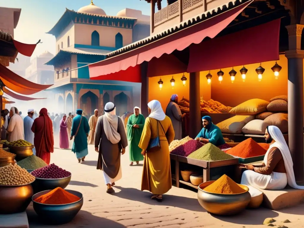 Pintura acuarela mercado oriental vibrante Un mercado del Medio Oriente bullicioso y vibrante, reflejo de la colaboración internacional en arte