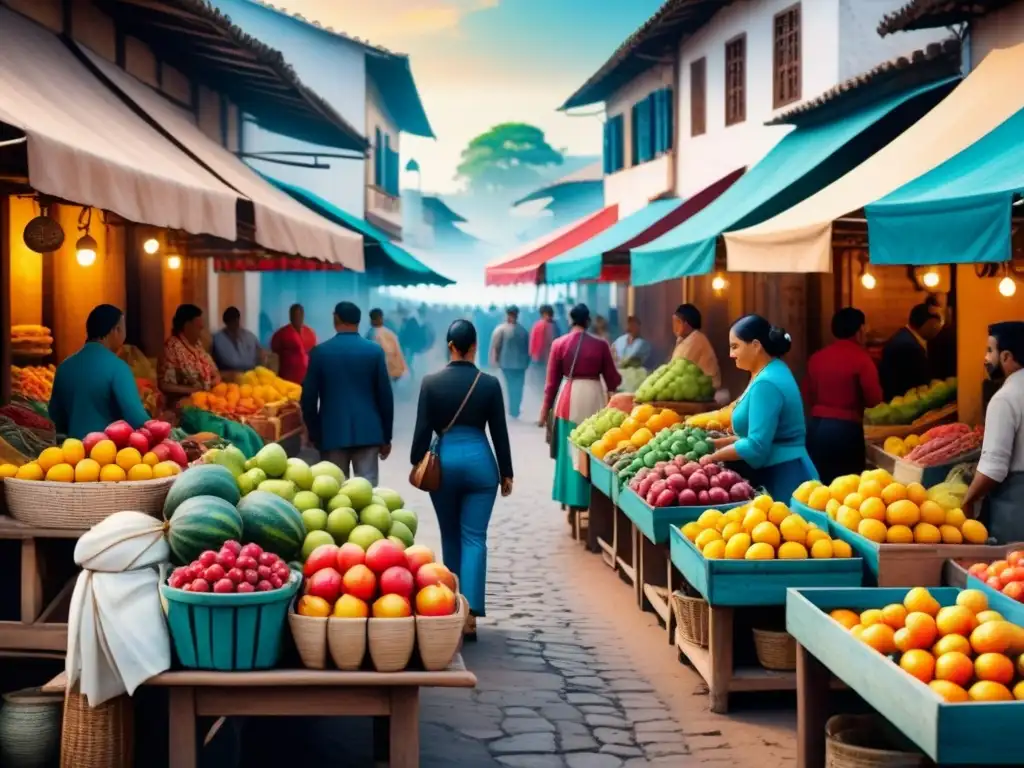 Un mercado tradicional latinoamericano rebosante de color y vida, que captura el realismo en arte popular tradiciones